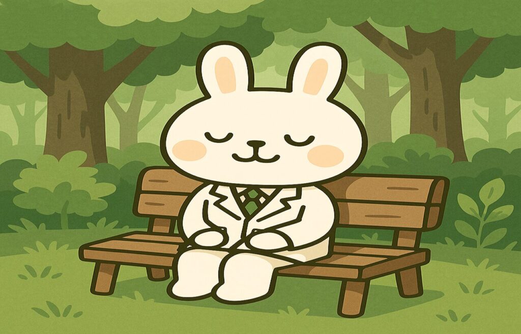 森林の中のベンチに座り、目を閉じて穏やかな表情を浮かべる白衣姿のうさぎ「みどりん」。やさしい緑の木々に囲まれ、リラックスした雰囲気が広がっている。